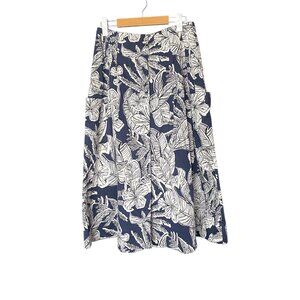 Zara Navy and White Floral Midi Skirt Pockets Cotton Size M